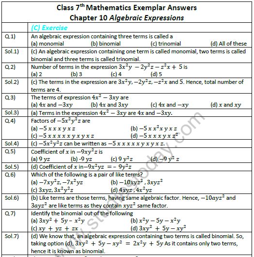 NCERT Exemplar Solutions Class 7 Maths Algebraic Expressions